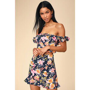 Navy Blue Floral Print Set - Size XS